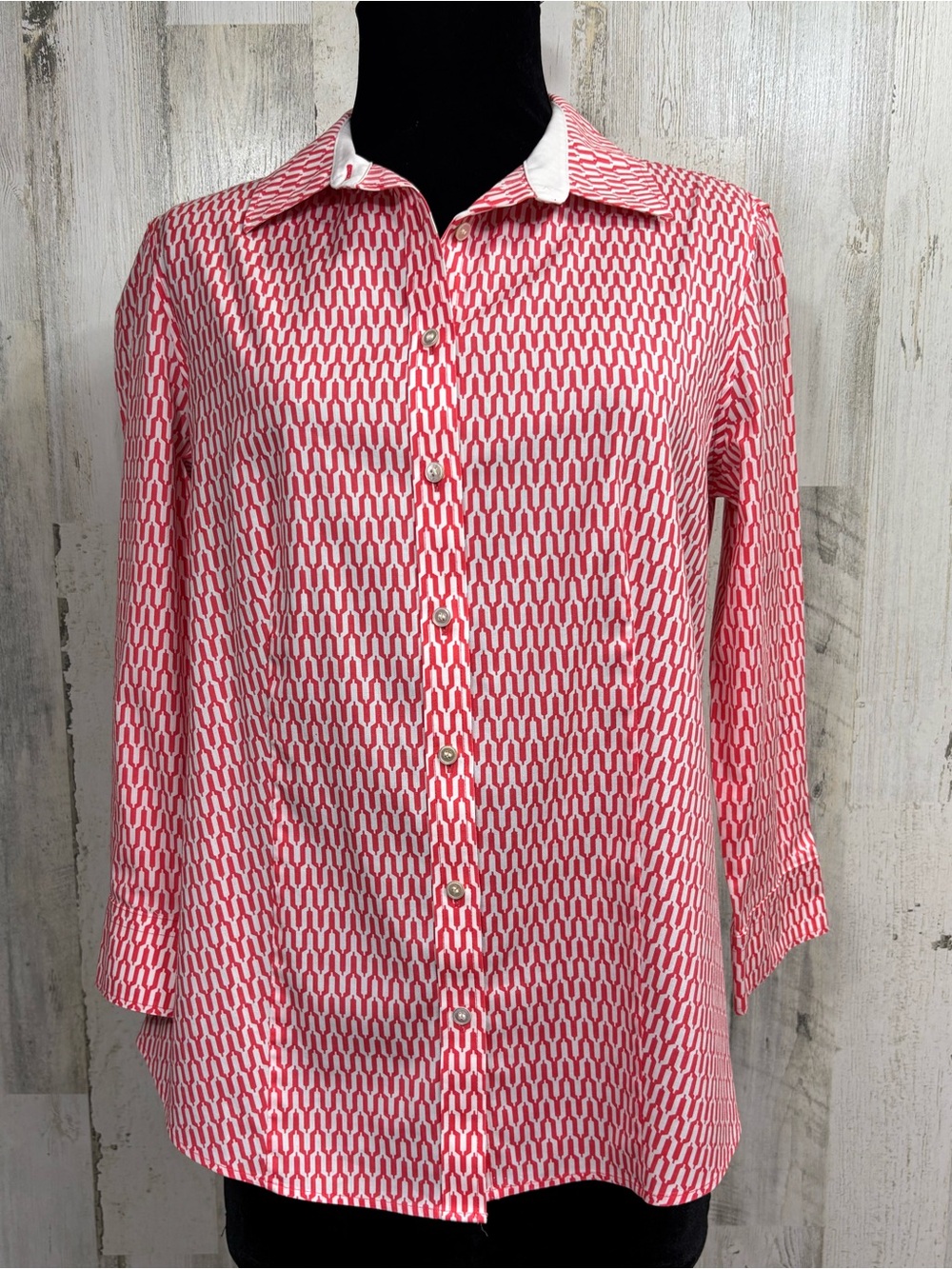 Talbots Red Geometric Patterned Wrinkle-Resistant Button-Down Shirt
